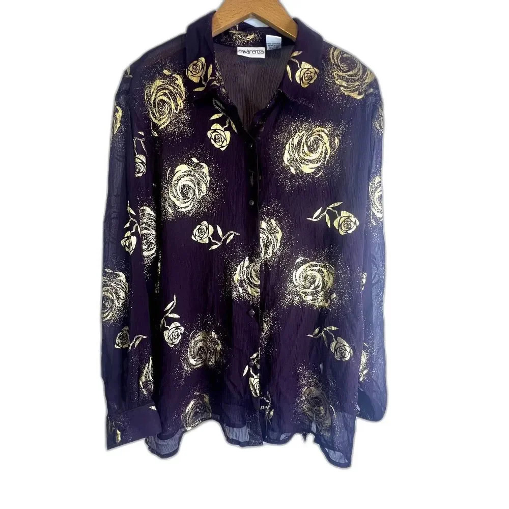 Apparenza Purple with Gold Metallic Roses Sheer Blouse Size XL‎